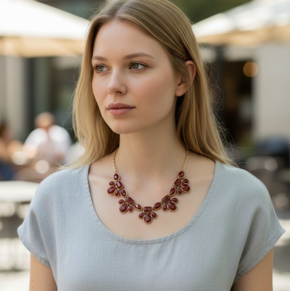 Francesca's Collection Orange Stone Bib Statement Necklace Gold Chain Bohemian